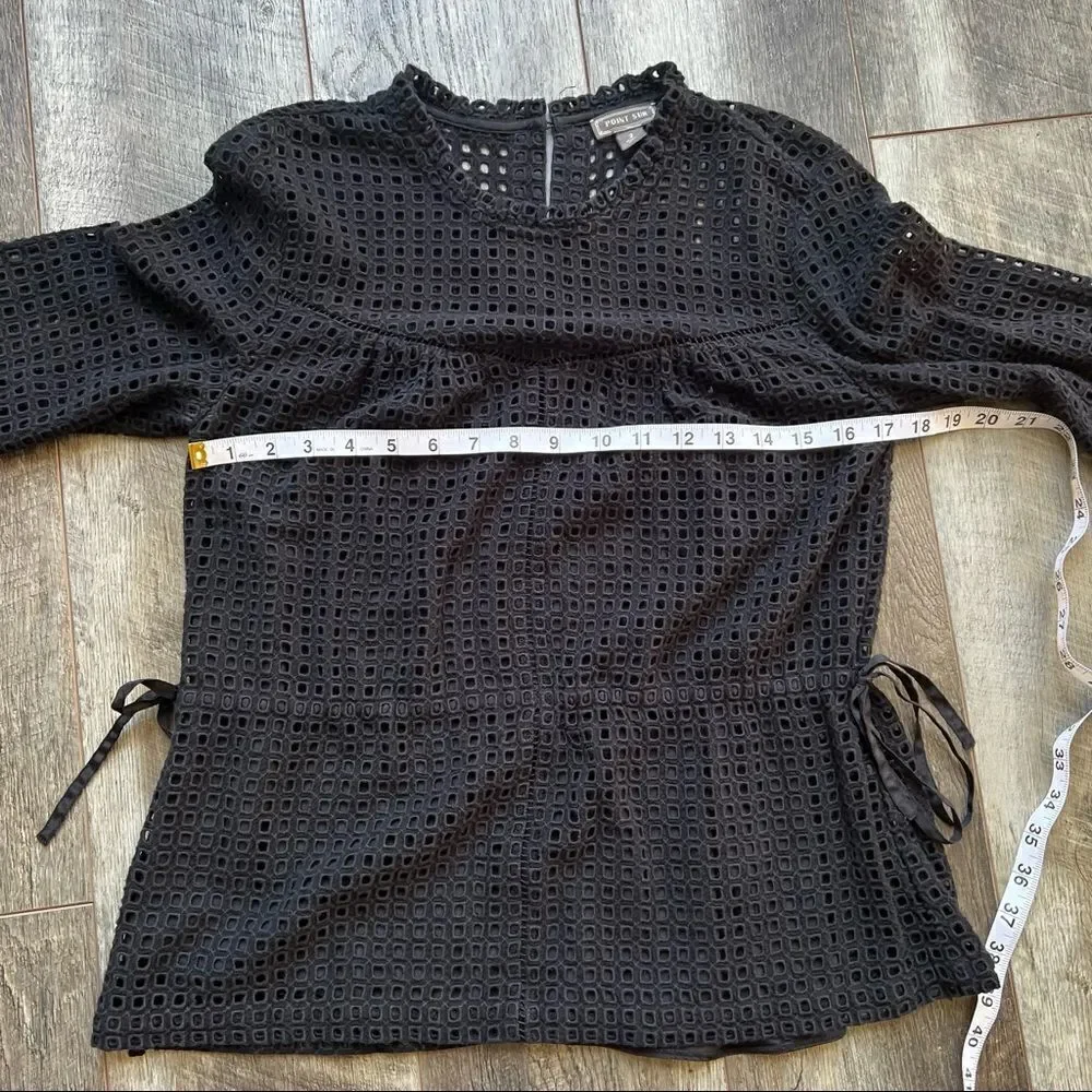 Point Sur J. Crew Black Eyelet Lace Top Long Sleeve Cinch Tie Waist 2